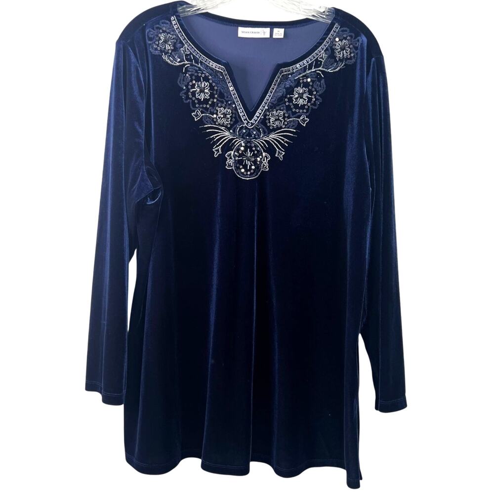 Susan Graver Women's Blue Velvet Top V-Neckline Embroidered Sparkly Chic Size 1X